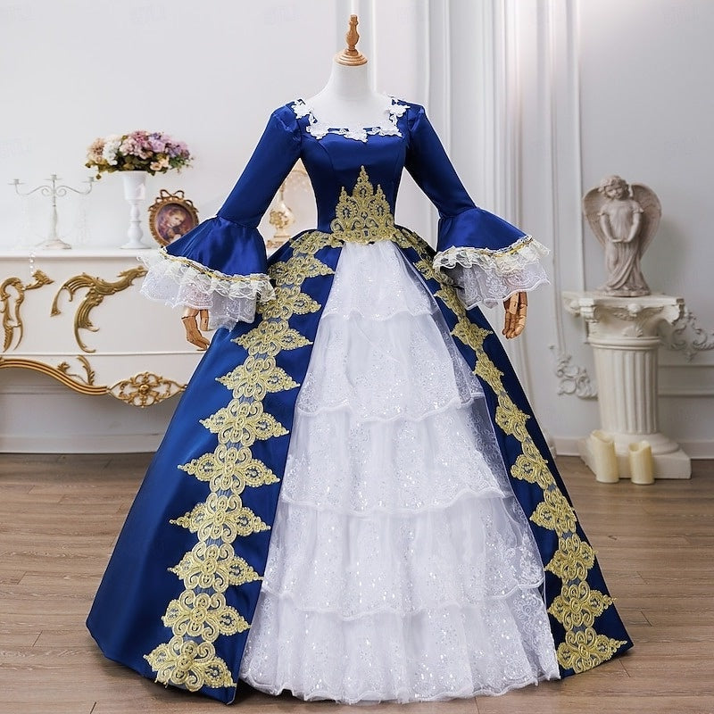 18th Century Ball Gown Square Neck Long Sleeves Maria Antonietta Rococo Victorian Renaissance Vacation Dress