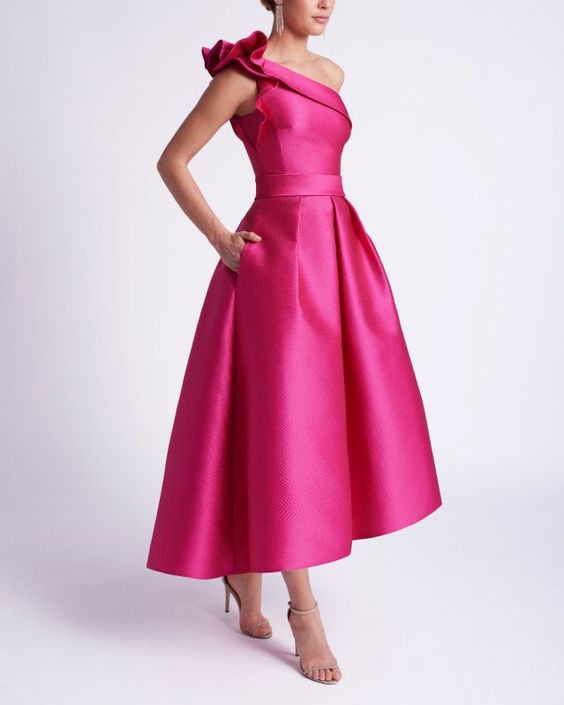 A-Line One-Shoulder Wedding Guest Cocktail Dresses Tea-Length  With Ruffles