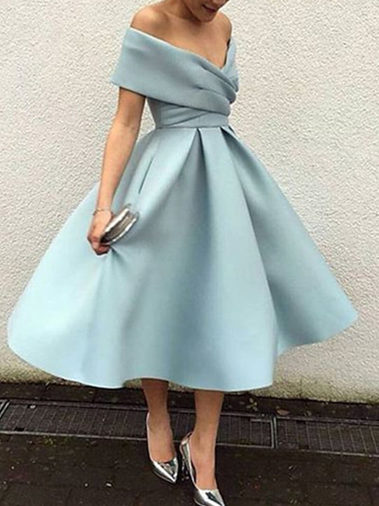 A-Line Off-the-Shoulder Wedding Guest Dress Tea-Length Satin Cocktail Dresses With Pleated