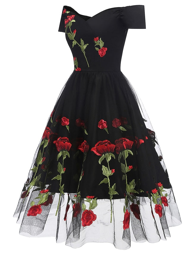 A-Line/Princess Off-the-Shoulder Cocktail Party Dresses Knee Length Short Sleeves with Embroidery Appliques