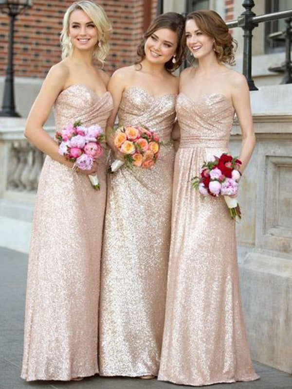 A-Line/Princess Sweetheart Sleeveless Long With Ruched Sequins Bridesmaid Dresses for Women