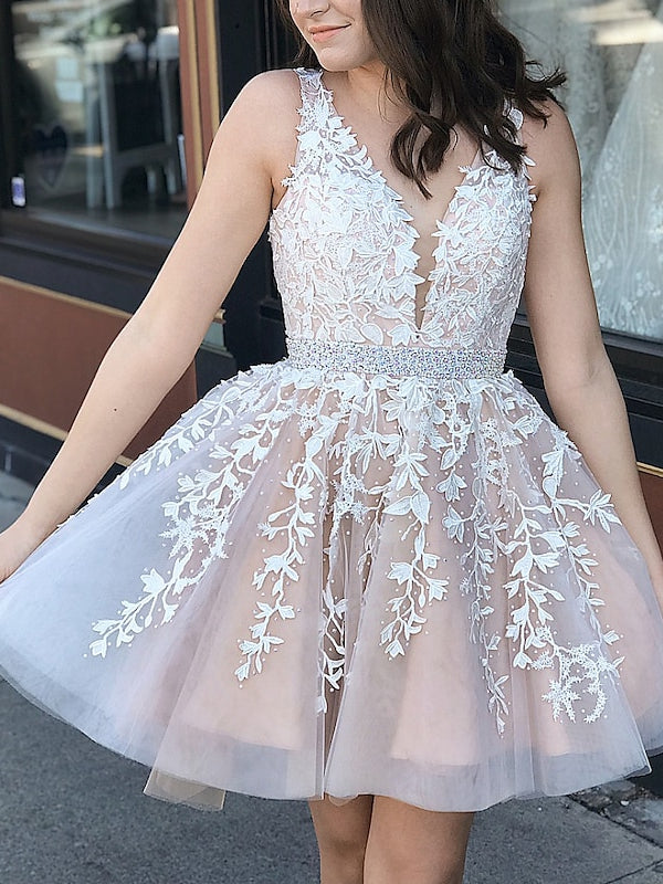 A-Line V-Neck Sleeveless Tulle Semi Formal Dresses with Appliques