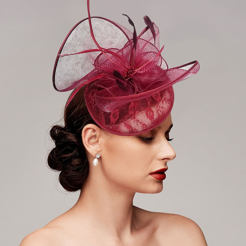Women's Burgundy Net Wedding Party Ladies Day Feather Headpiece/Fascinator