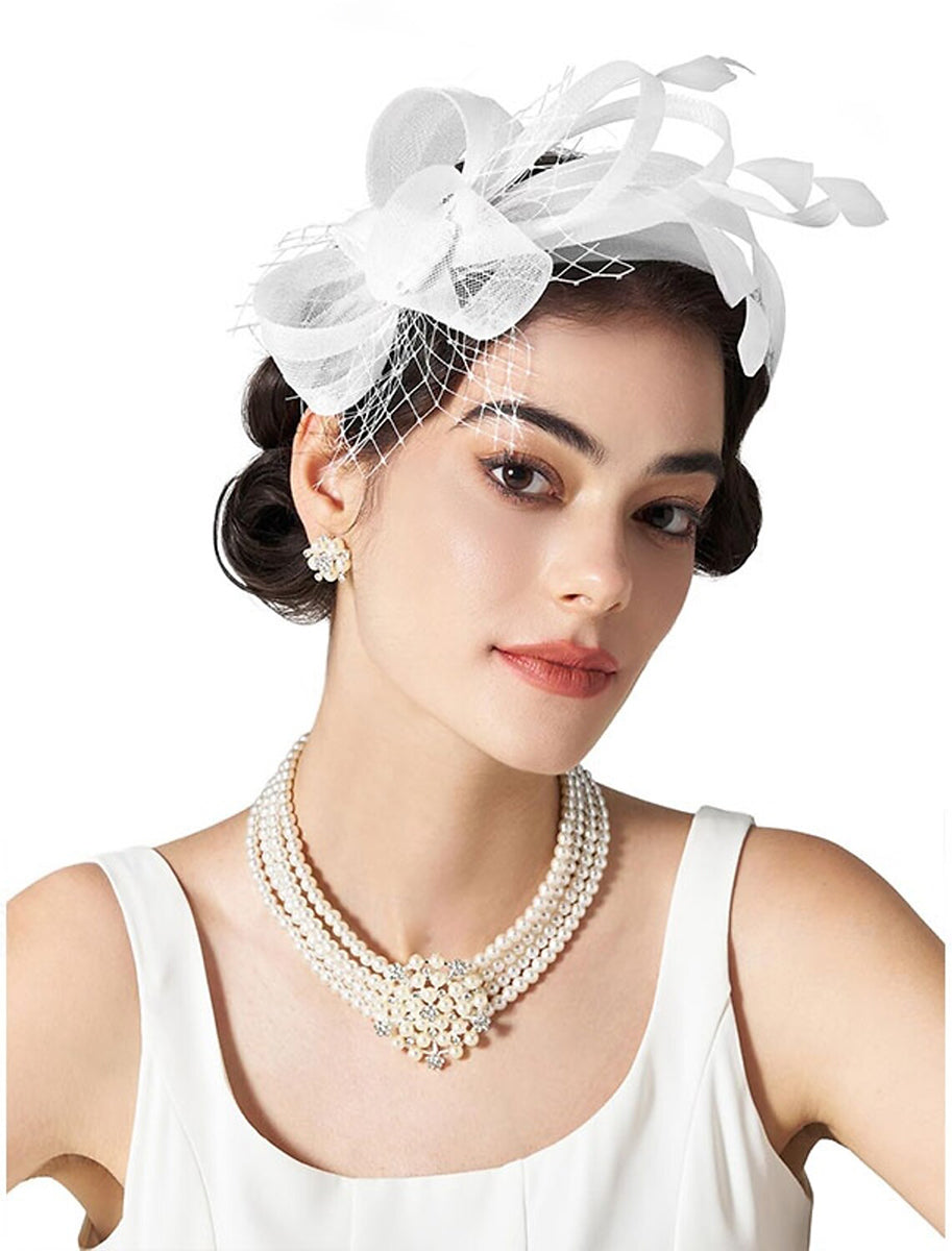 Simple White Feather Tea Party Cocktail Ladies Day Tulle Fascinator/Headband