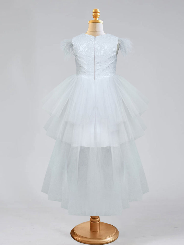 A-Line/Princess Asymmetrical High Low Flower Girl Dresses with Beading & Feather