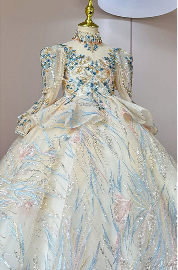 High Neck Long Sleeves Embroidery Flower Girl Dresses with  Rhinestone Appliques