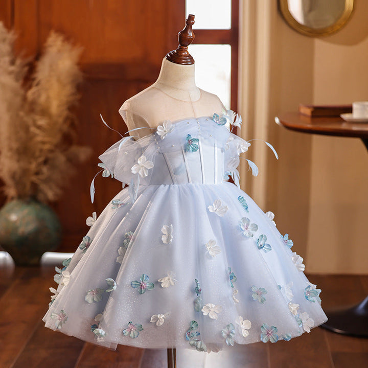 Ball Gown Scoop Neck Sleeveless Pleated Elegant Flower Girl Dress with Feather & Flower