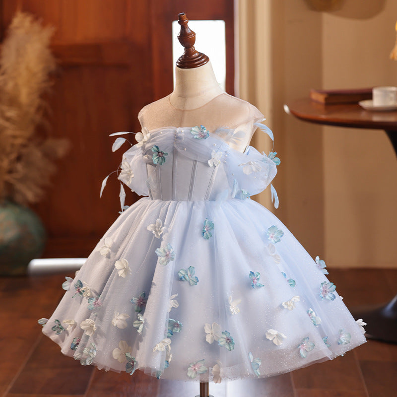 Ball Gown Scoop Neck Sleeveless Pleated Elegant Flower Girl Dress with Feather & Flower