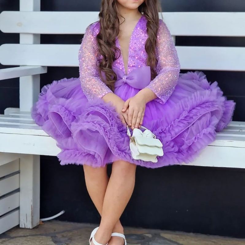 Purple Ball Gown Round Neck Long Sleeves Elegant Flower Girl Dress with Sequins & Bow
