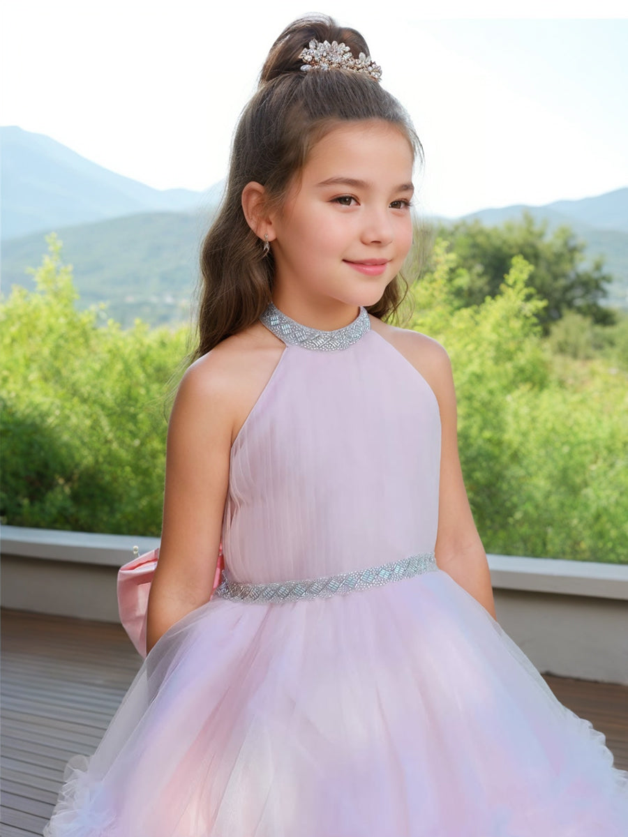 Ball Gown Halter Sleeveless Luxurious Pink Flower Girl Dress with Rhinestone & Watteau Train