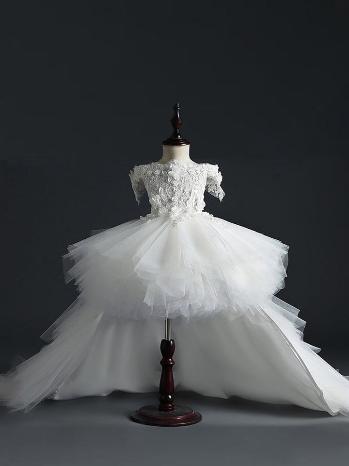 Ball Gown Off-the-Shoulder Sleeveless Flower Girl Dress With Lace Embroidery & Watteau Train