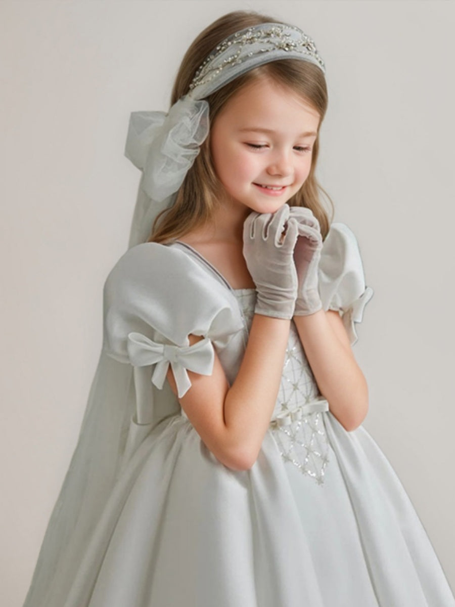 Ball-Gown Square Neckline Short Sleeves Sweep Train Flower Girl Dresses with Bows
