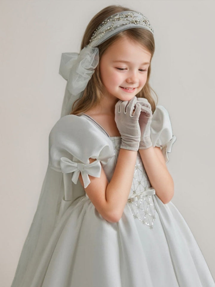 Ball-Gown Square Neckline Short Sleeves Sweep Train Flower Girl Dresses with Bows