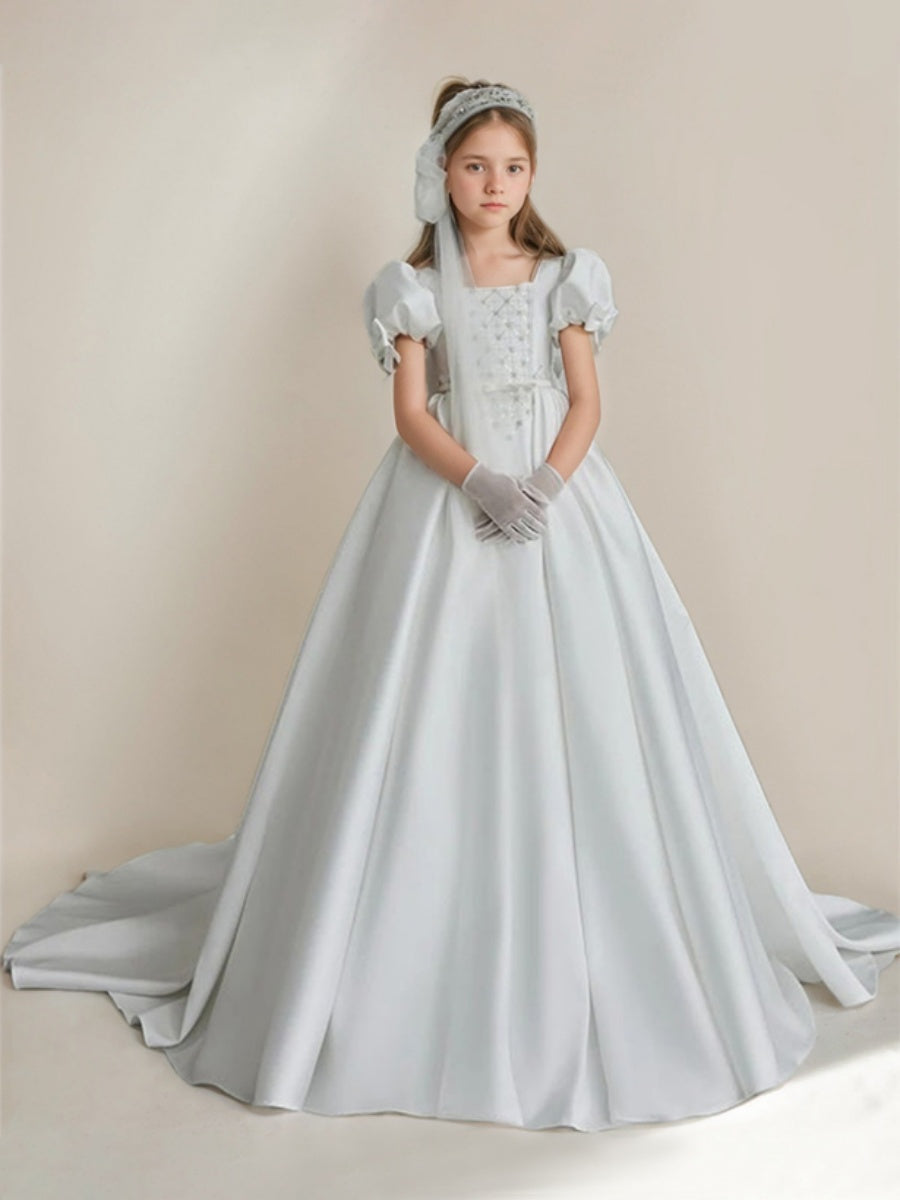 Ball-Gown Square Neckline Short Sleeves Sweep Train Flower Girl Dresses with Bows