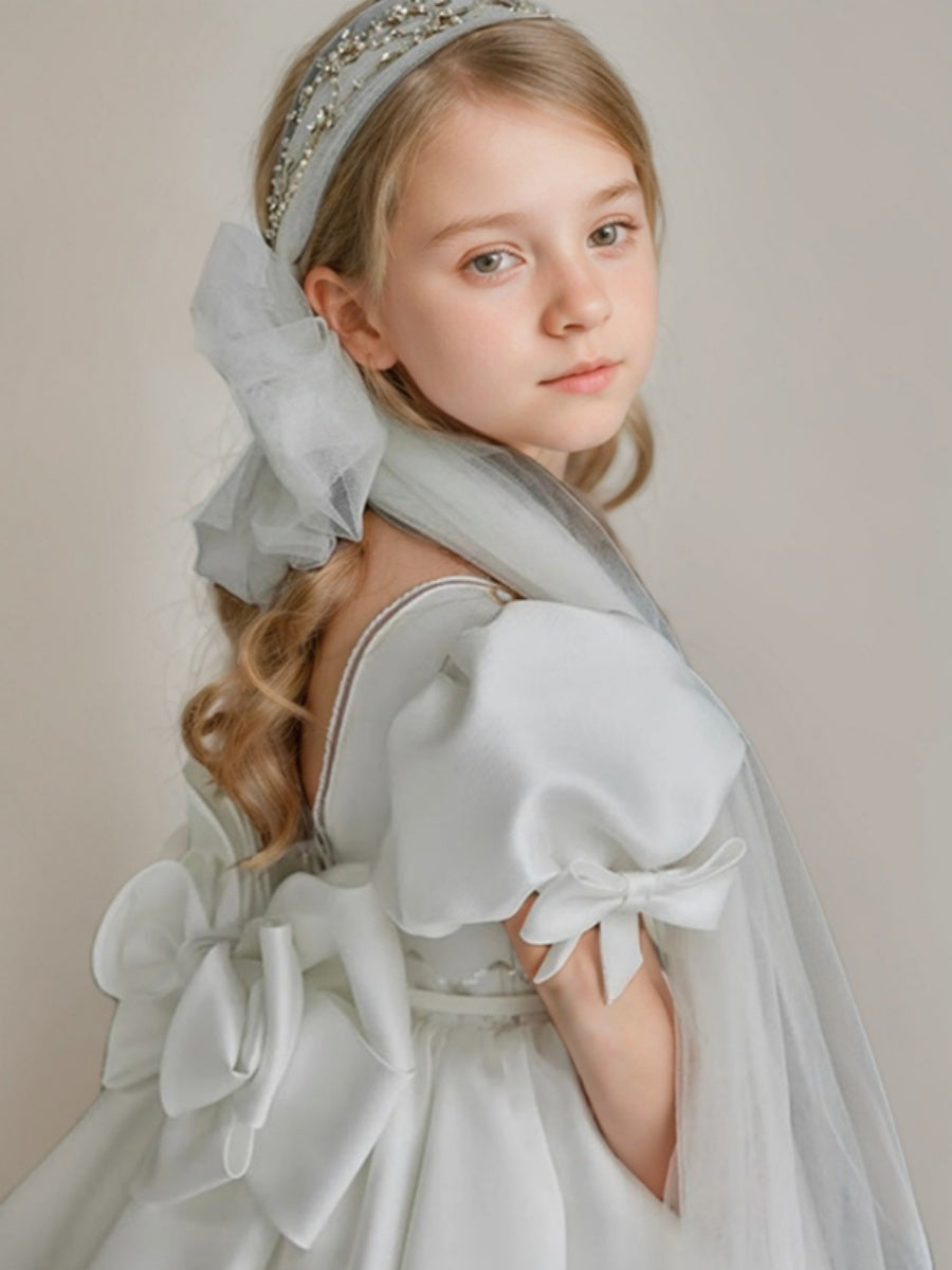 Ball-Gown Square Neckline Short Sleeves Sweep Train Flower Girl Dresses with Bows