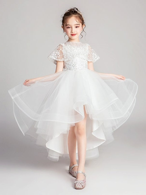 A-Line/Princess Jewel Neck Flutter Sleeves Asymmetrical Flower Girl Dresses聽with Lace Appliques