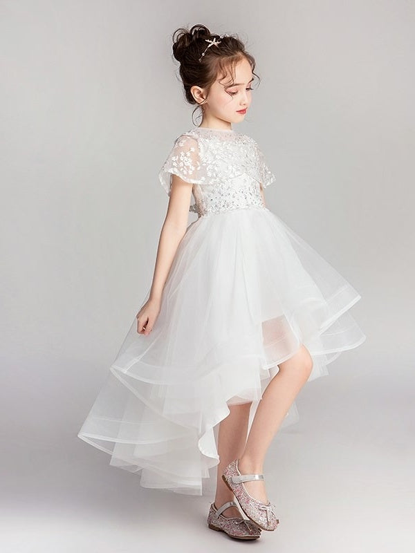 A-Line/Princess Jewel Neck Flutter Sleeves Asymmetrical Flower Girl Dresses聽with Lace Appliques