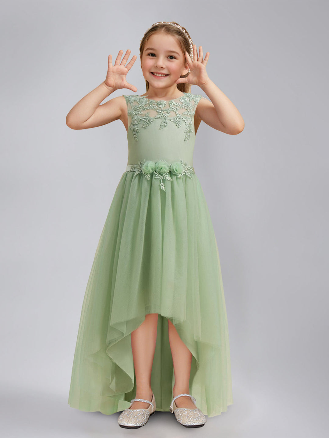 A-Line/Princess Scoop Sleeveless Asymmetrical Pleated Flower Girl Dresses with Sash & Lace Appliques