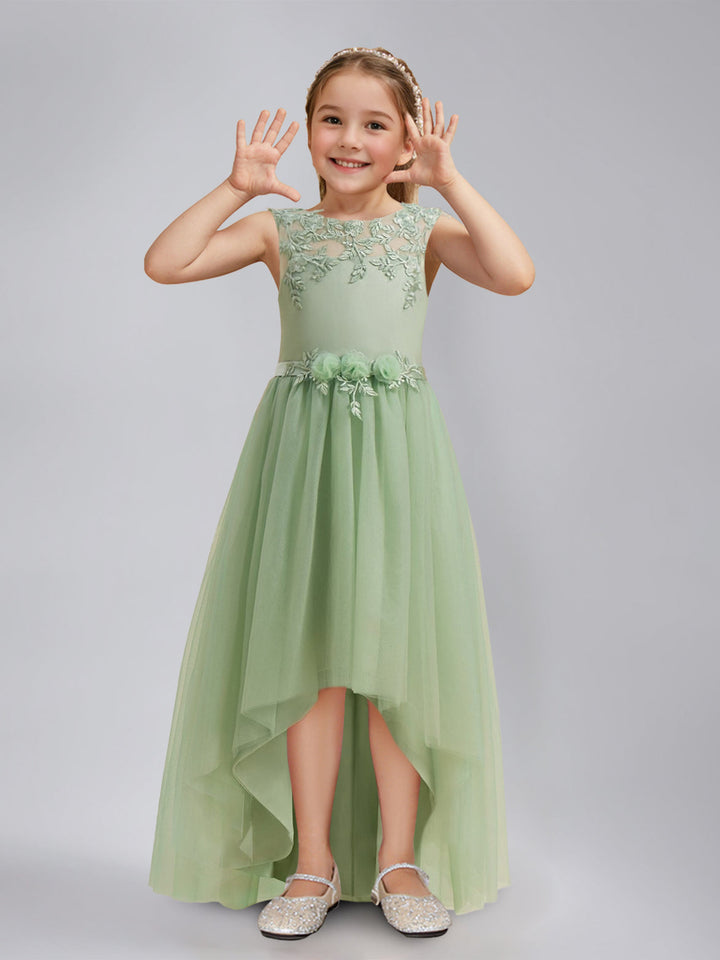 A-Line/Princess Scoop Sleeveless Asymmetrical Pleated Flower Girl Dresses with Sash & Lace Appliques