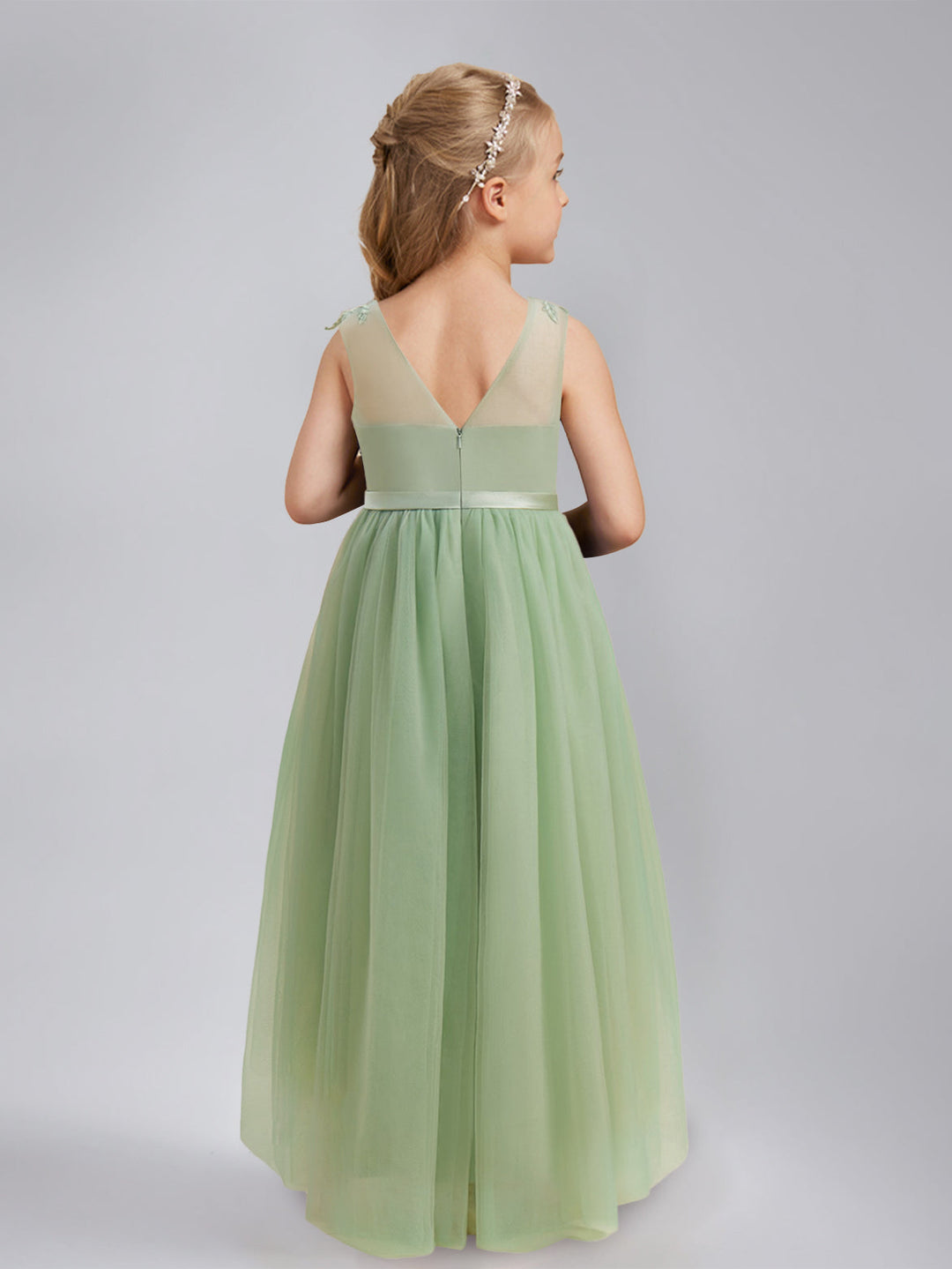 A-Line/Princess Scoop Sleeveless Asymmetrical Pleated Flower Girl Dresses with Sash & Lace Appliques