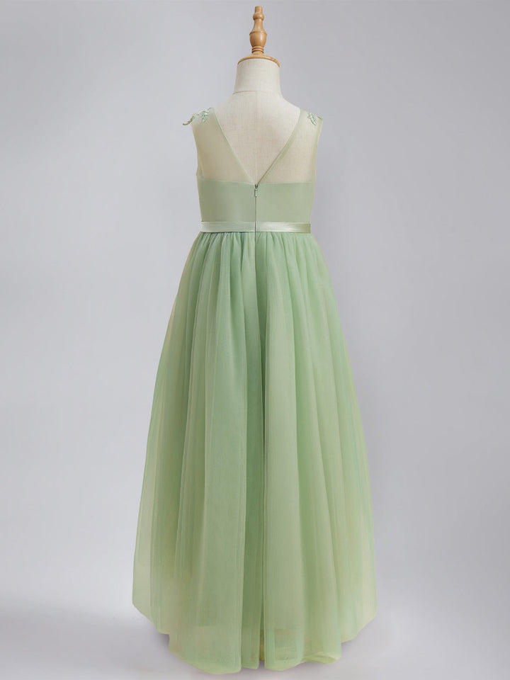 A-Line/Princess Scoop Sleeveless Asymmetrical Pleated Flower Girl Dresses with Sash & Lace Appliques