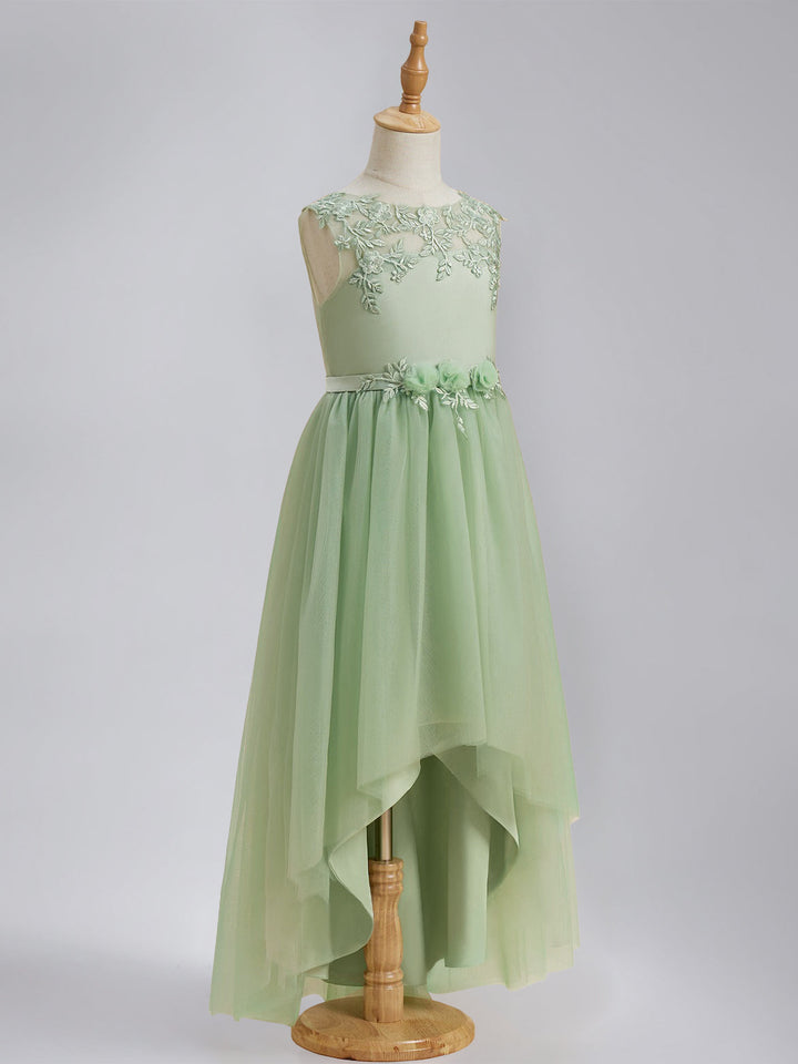 A-Line/Princess Scoop Sleeveless Asymmetrical Pleated Flower Girl Dresses with Sash & Lace Appliques