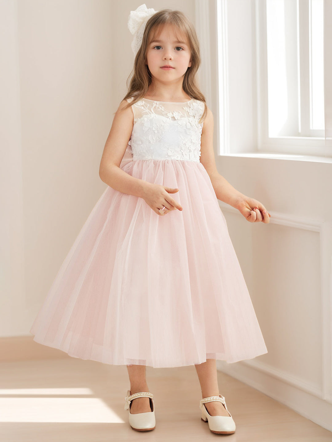 A-Line/Princess Scoop Sleeveless Tea-Length Pleated Flower Girl Dresses with 3D Flowers & Bow