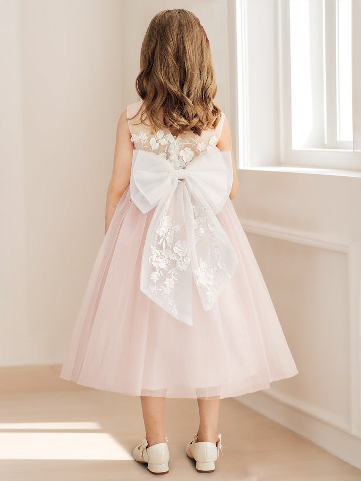 A-Line/Princess Scoop Sleeveless Tea-Length Pleated Flower Girl Dresses with 3D Flowers & Bow