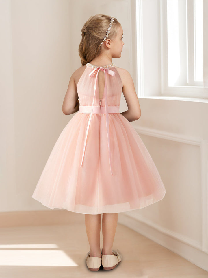 A-Line/Princess Halter Sleeveless Knee-Length Ruched Flower Girl Dresses with Sash & Pearls & Self-tie