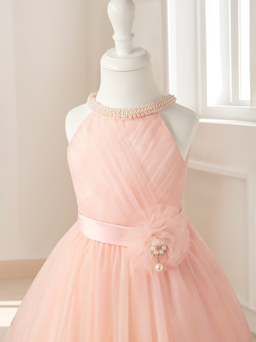 A-Line/Princess Halter Sleeveless Knee-Length Ruched Flower Girl Dresses with Sash & Pearls & Self-tie