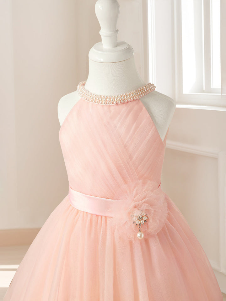 A-Line/Princess Halter Sleeveless Knee-Length Ruched Flower Girl Dresses with Sash & Pearls & Self-tie