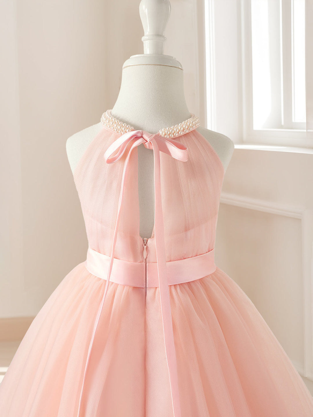 A-Line/Princess Halter Sleeveless Knee-Length Ruched Flower Girl Dresses with Sash & Pearls & Self-tie