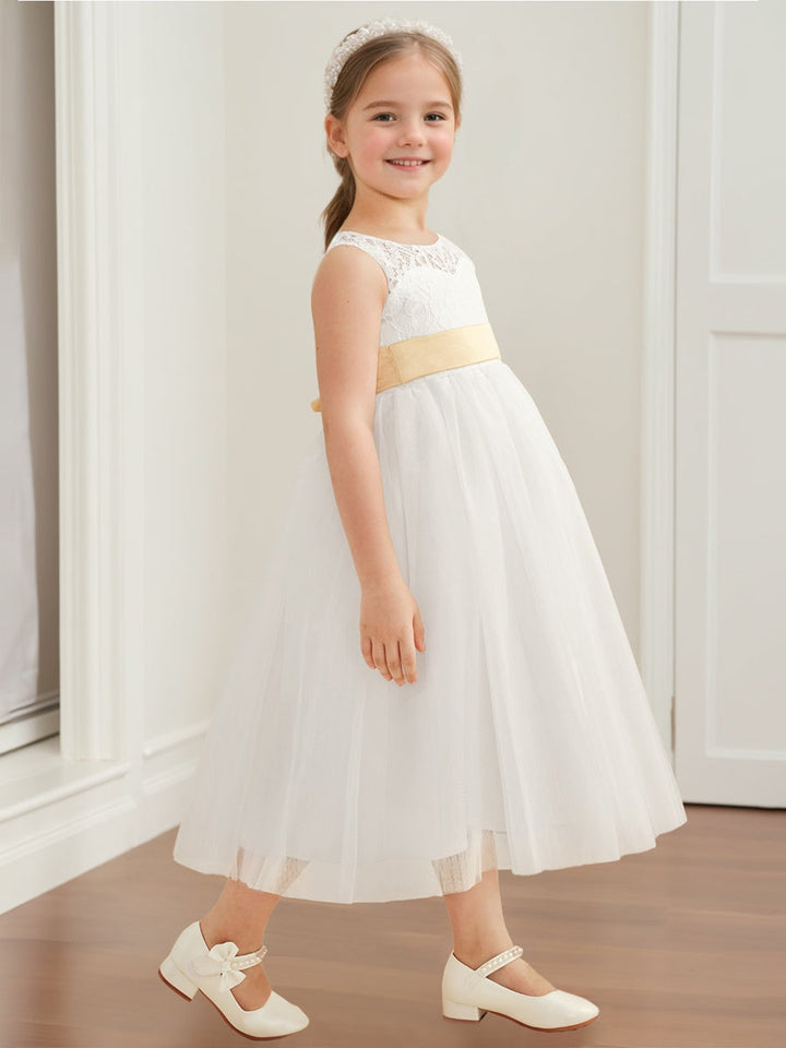 A-Line/Princess Scoop Sleeveless Tea Length Flower Girl Dress with Sash & Appliques