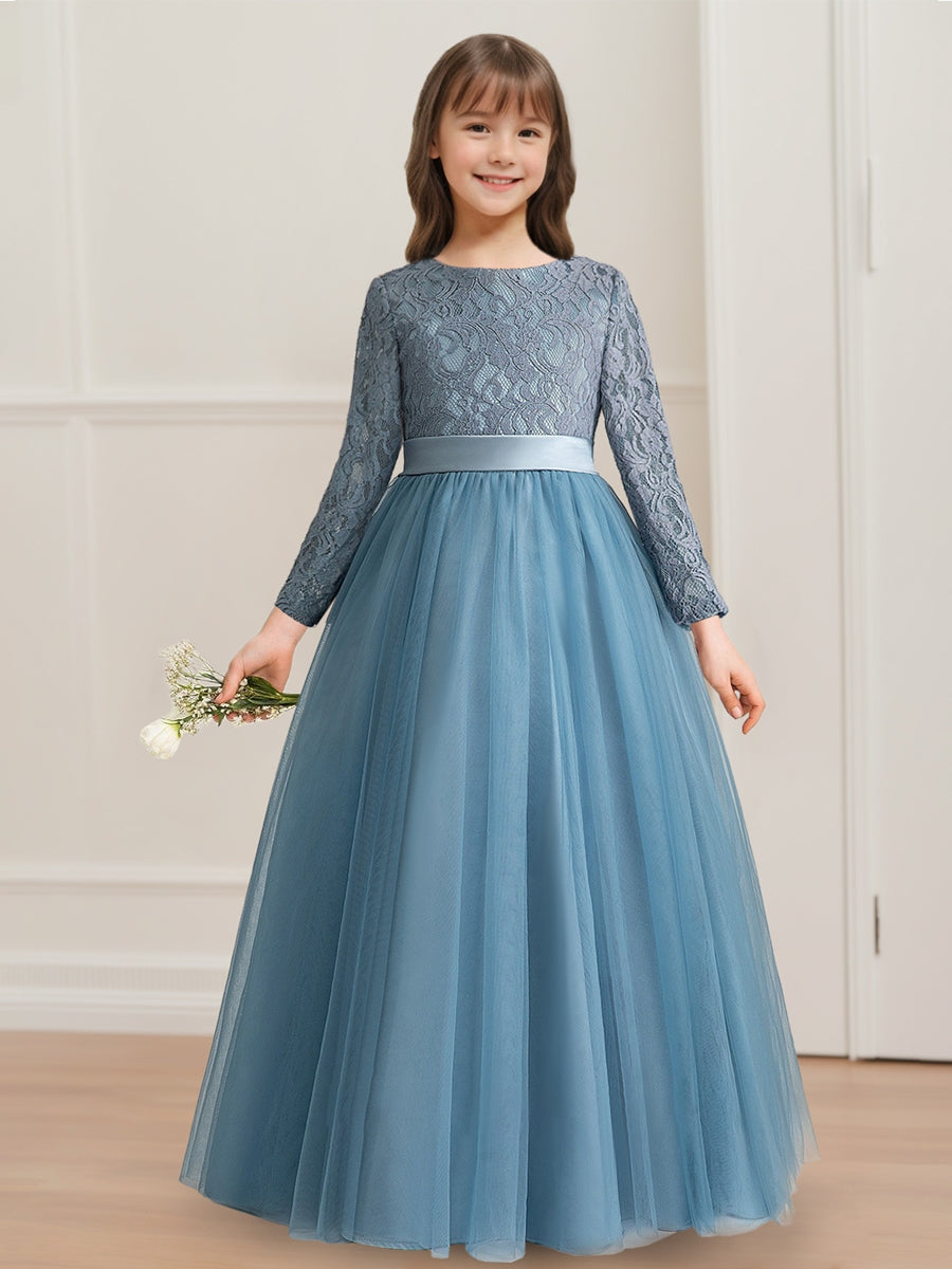A-Line/Princess Scoop Long Sleeves Flower Girl Dresses with Bow & Appliques