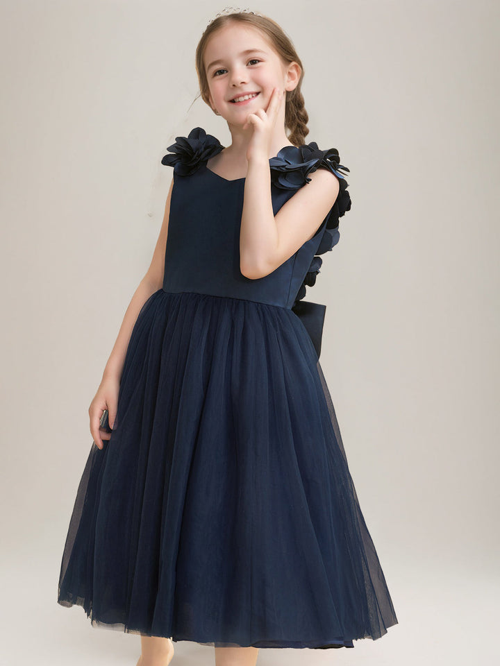 A-Line/Princess V-Neck Sleeveless Tea-Length Flower Girl Dresses with Bow & 3D Flowers