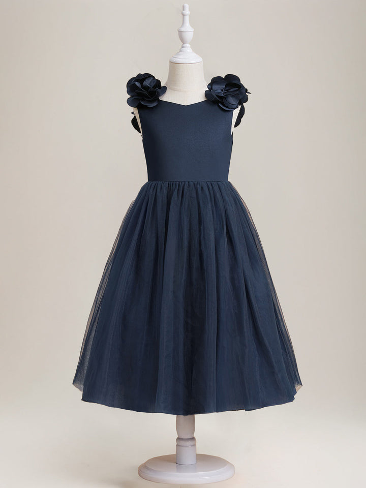 A-Line/Princess V-Neck Sleeveless Tea-Length Flower Girl Dresses with Bow & 3D Flowers