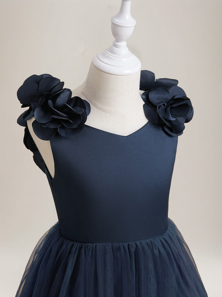 A-Line/Princess V-Neck Sleeveless Tea-Length Flower Girl Dresses with Bow & 3D Flowers