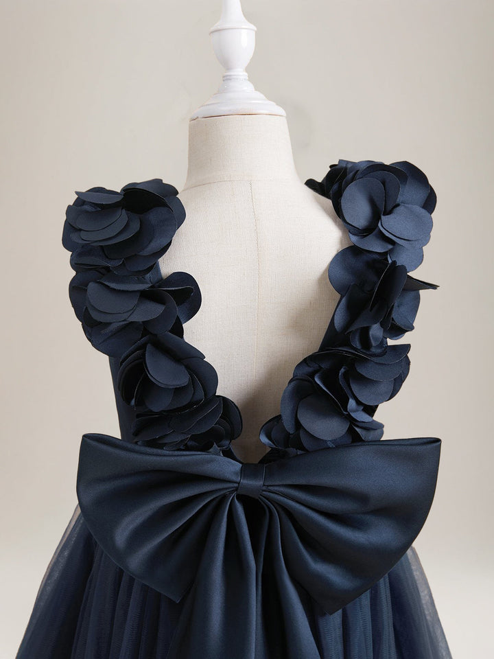 A-Line/Princess V-Neck Sleeveless Tea-Length Flower Girl Dresses with Bow & 3D Flowers