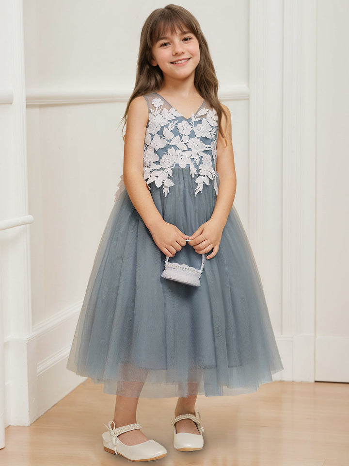 A-Line/Princess V-Neck Sleeveless Tea-Length Flower Girl Dresses with Bow & Lace Appliques