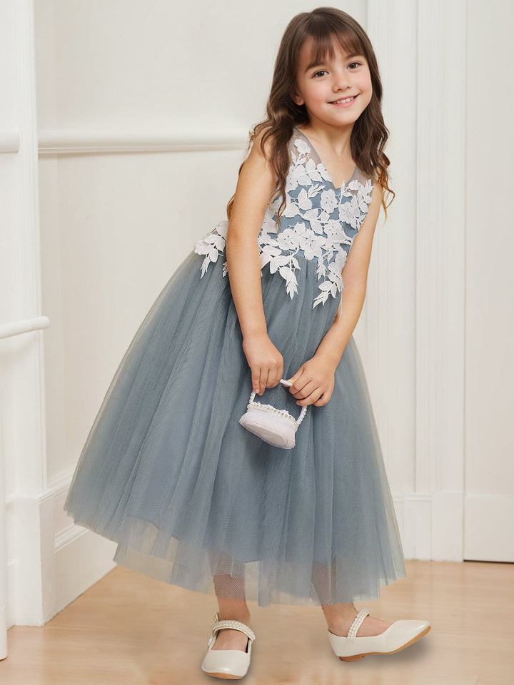 A-Line/Princess V-Neck Sleeveless Tea-Length Flower Girl Dresses with Bow & Lace Appliques