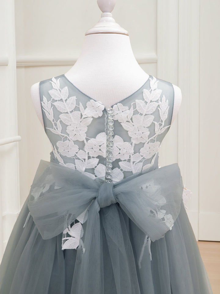A-Line/Princess V-Neck Sleeveless Tea-Length Flower Girl Dresses with Bow & Lace Appliques