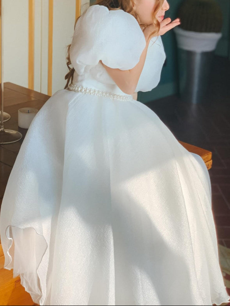 Ball-Gown Jewel Neck Puff Sleeves Floor-Length Pleated Flower Girl Dresses with Pearls