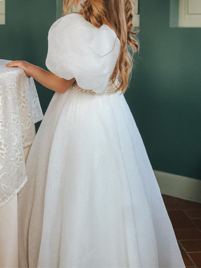 Ball-Gown Jewel Neck Puff Sleeves Floor-Length Pleated Flower Girl Dresses with Pearls