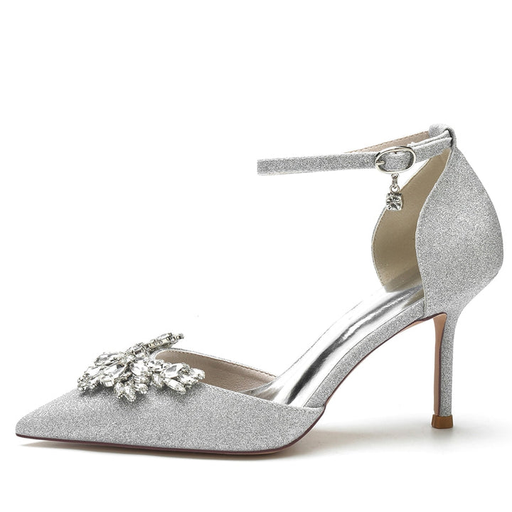 Women's Wedding Shoes White Pointed Toe Sparkling Buckle Bridal Shoes with Rhinestone