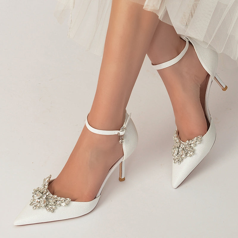 Women's Wedding Shoes White Pointed Toe Sparkling Buckle Bridal Shoes with Rhinestone