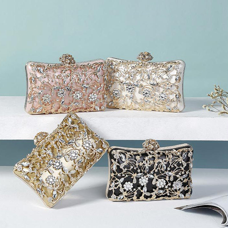 White Luxurious Delicate Square Evening Wedding Party Clutch Bag with Flower & Rhinestone