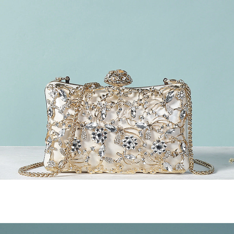 White Luxurious Delicate Square Evening Wedding Party Clutch Bag with Flower & Rhinestone