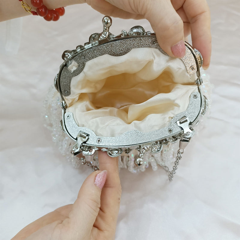 Beige Retro Silk Elegant Chain Evening Hand Bag with Beadings & Tassels