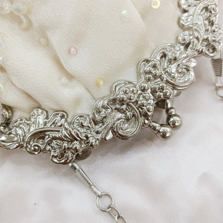 Beige Retro Silk Elegant Chain Evening Hand Bag with Beadings & Tassels