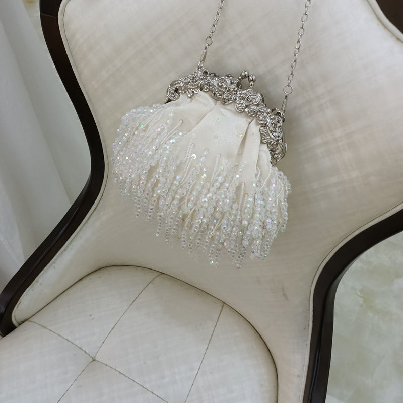 Beige Retro Silk Elegant Chain Evening Hand Bag with Beadings & Tassels